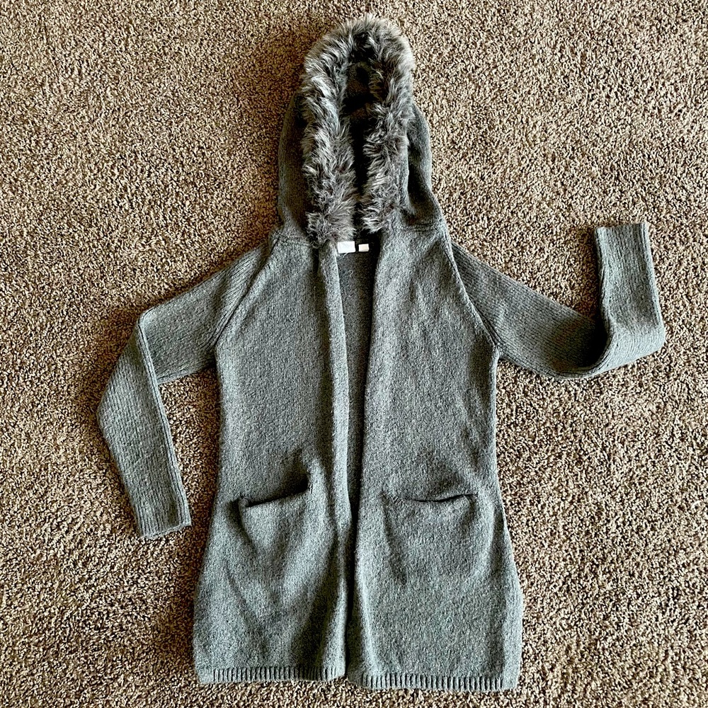 GAP kids grey fur hooded cardigan
